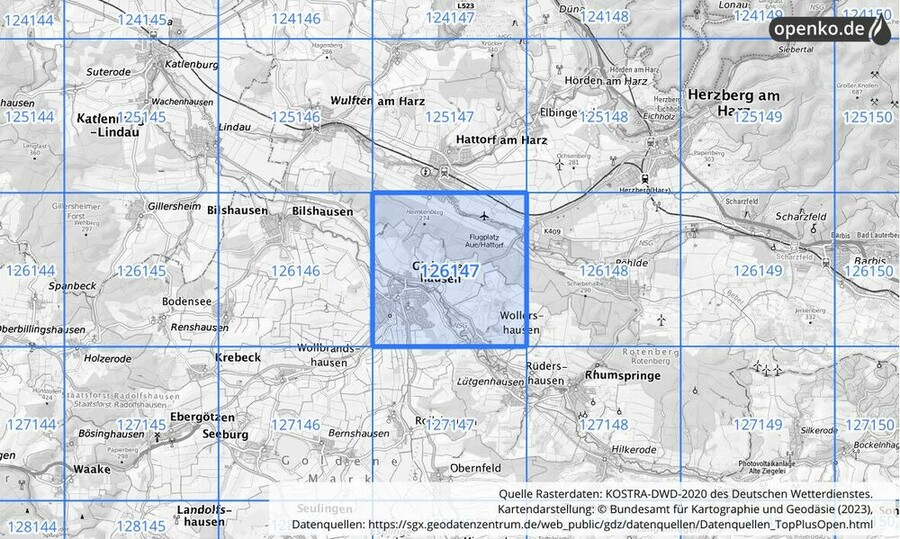 Übersichtskarte des KOSTRA-DWD-2020-Rasterfeldes Nr. 126147