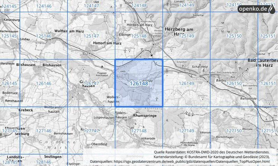 Übersichtskarte des KOSTRA-DWD-2020-Rasterfeldes Nr. 126148