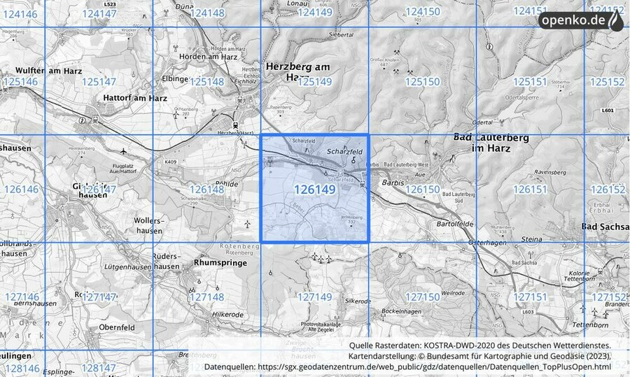 Übersichtskarte des KOSTRA-DWD-2020-Rasterfeldes Nr. 126149