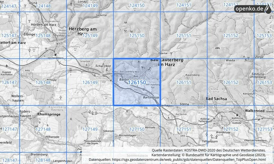 Übersichtskarte des KOSTRA-DWD-2020-Rasterfeldes Nr. 126150