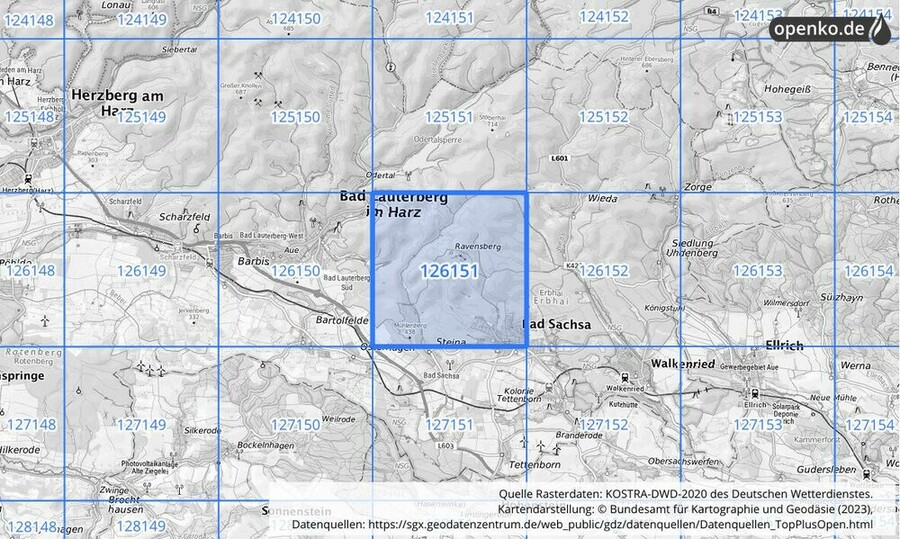 Übersichtskarte des KOSTRA-DWD-2020-Rasterfeldes Nr. 126151