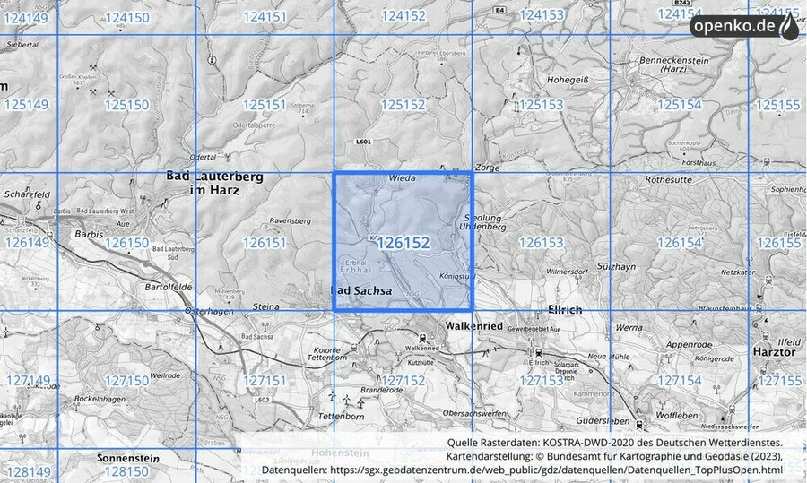 Übersichtskarte des KOSTRA-DWD-2020-Rasterfeldes Nr. 126152