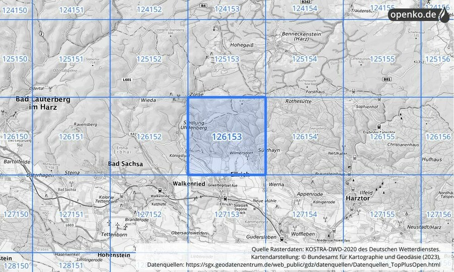 Übersichtskarte des KOSTRA-DWD-2020-Rasterfeldes Nr. 126153