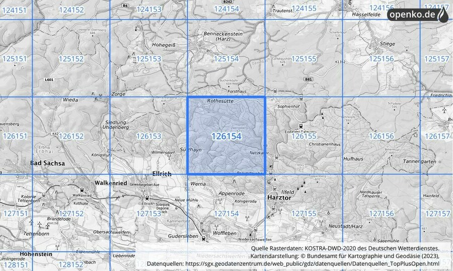 Übersichtskarte des KOSTRA-DWD-2020-Rasterfeldes Nr. 126154