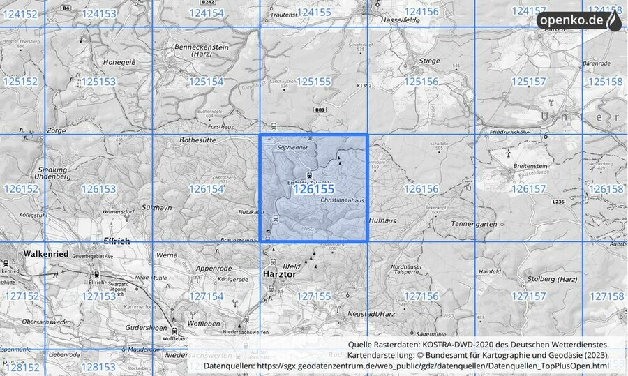 Übersichtskarte des KOSTRA-DWD-2020-Rasterfeldes Nr. 126155