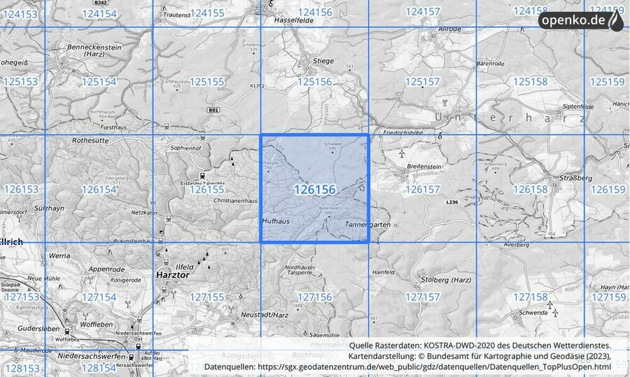 Übersichtskarte des KOSTRA-DWD-2020-Rasterfeldes Nr. 126156