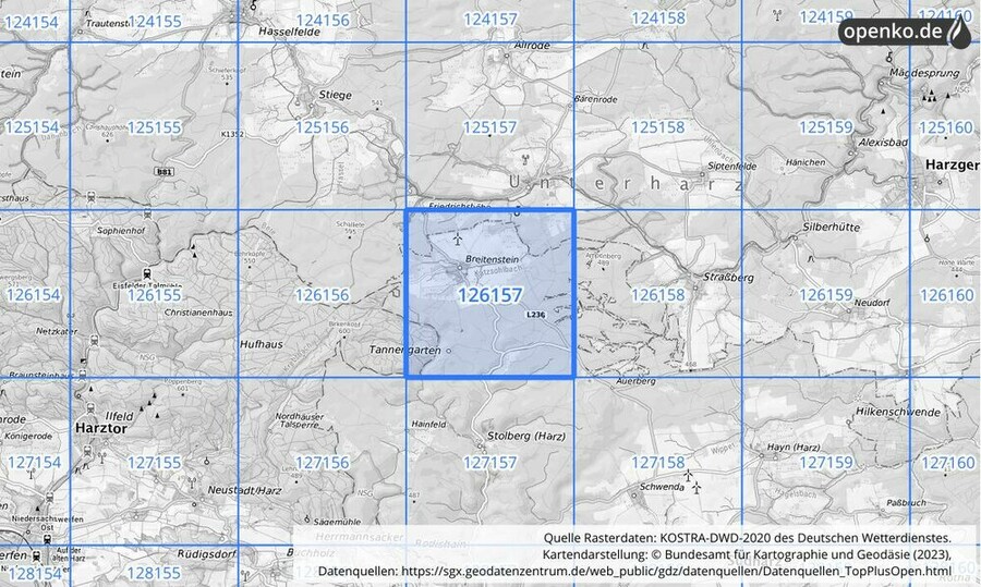 Übersichtskarte des KOSTRA-DWD-2020-Rasterfeldes Nr. 126157