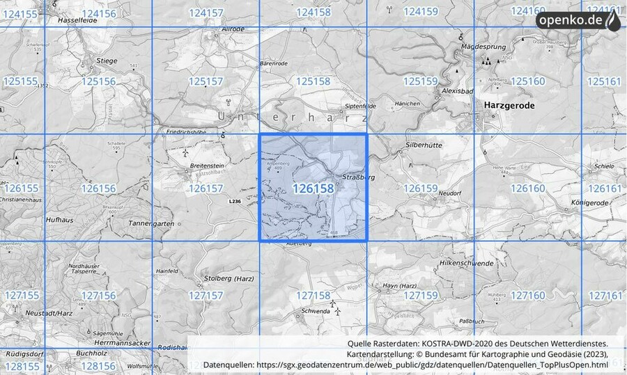 Übersichtskarte des KOSTRA-DWD-2020-Rasterfeldes Nr. 126158