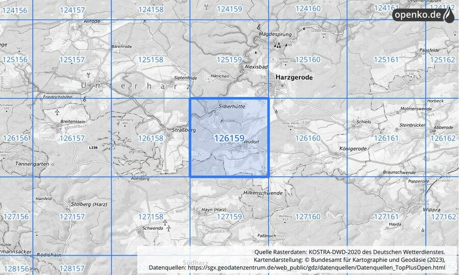 Übersichtskarte des KOSTRA-DWD-2020-Rasterfeldes Nr. 126159