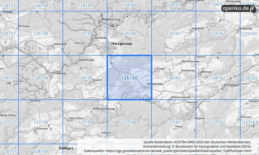 Übersichtskarte des KOSTRA-DWD-2020-Rasterfeldes Nr. 126160