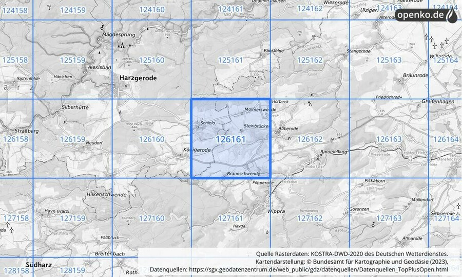 Übersichtskarte des KOSTRA-DWD-2020-Rasterfeldes Nr. 126161