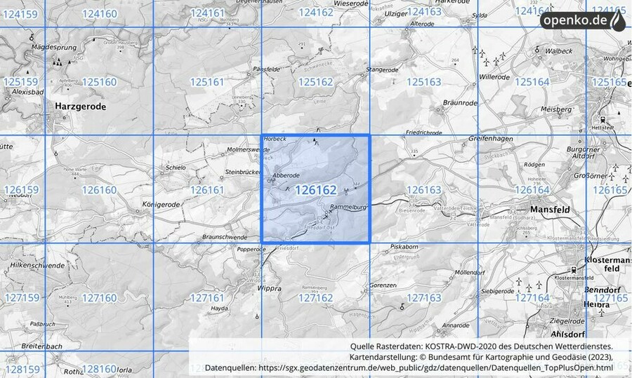 Übersichtskarte des KOSTRA-DWD-2020-Rasterfeldes Nr. 126162