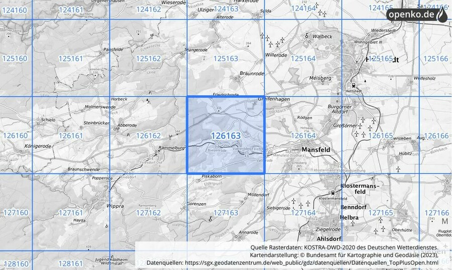 Übersichtskarte des KOSTRA-DWD-2020-Rasterfeldes Nr. 126163