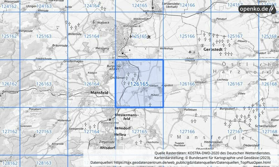 Übersichtskarte des KOSTRA-DWD-2020-Rasterfeldes Nr. 126165