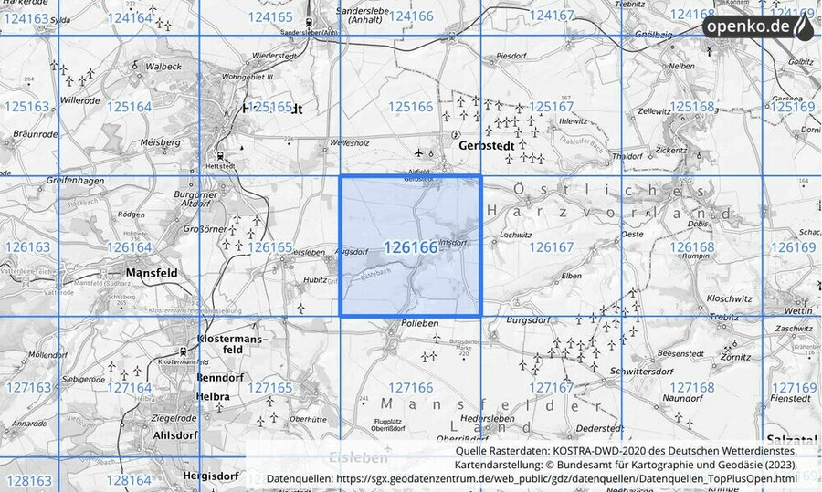 Übersichtskarte des KOSTRA-DWD-2020-Rasterfeldes Nr. 126166