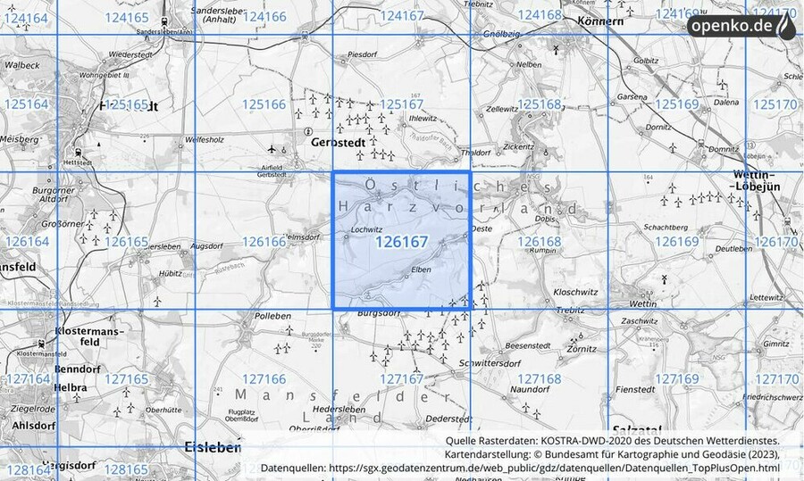 Übersichtskarte des KOSTRA-DWD-2020-Rasterfeldes Nr. 126167