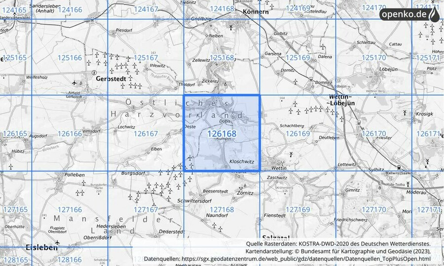 Übersichtskarte des KOSTRA-DWD-2020-Rasterfeldes Nr. 126168