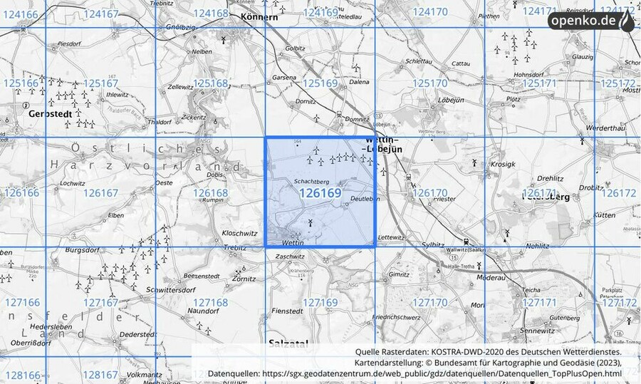 Übersichtskarte des KOSTRA-DWD-2020-Rasterfeldes Nr. 126169