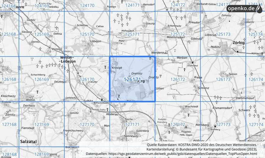 Übersichtskarte des KOSTRA-DWD-2020-Rasterfeldes Nr. 126171