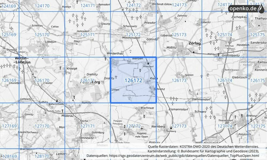 Übersichtskarte des KOSTRA-DWD-2020-Rasterfeldes Nr. 126172