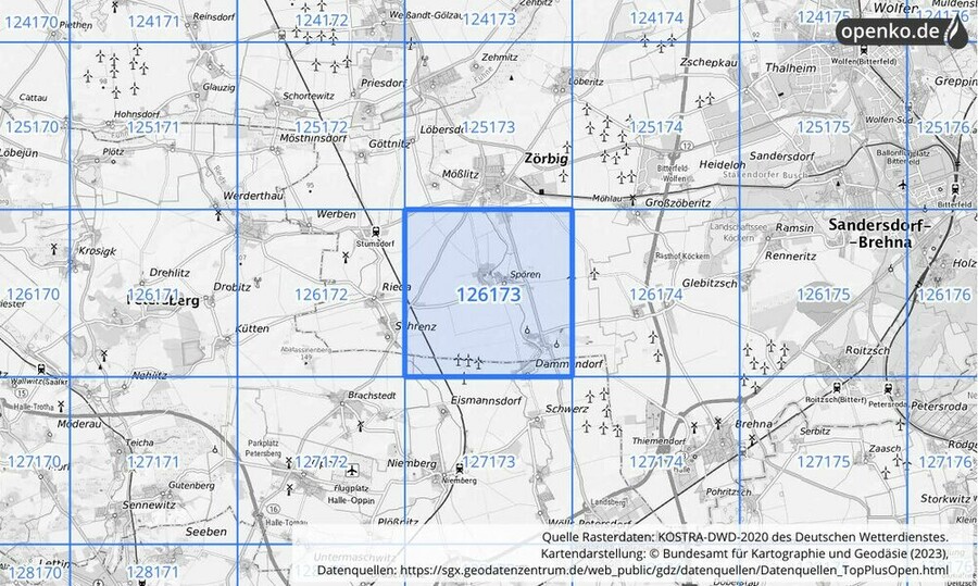 Übersichtskarte des KOSTRA-DWD-2020-Rasterfeldes Nr. 126173