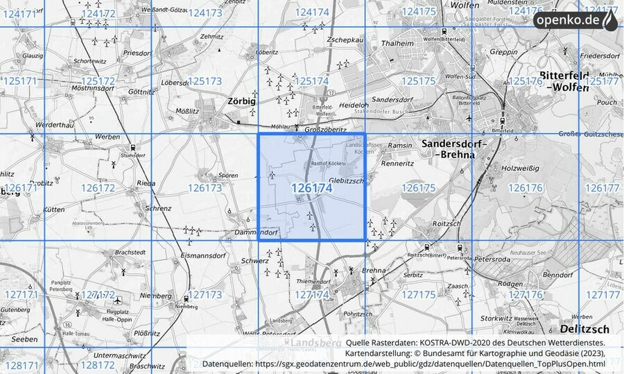 Übersichtskarte des KOSTRA-DWD-2020-Rasterfeldes Nr. 126174