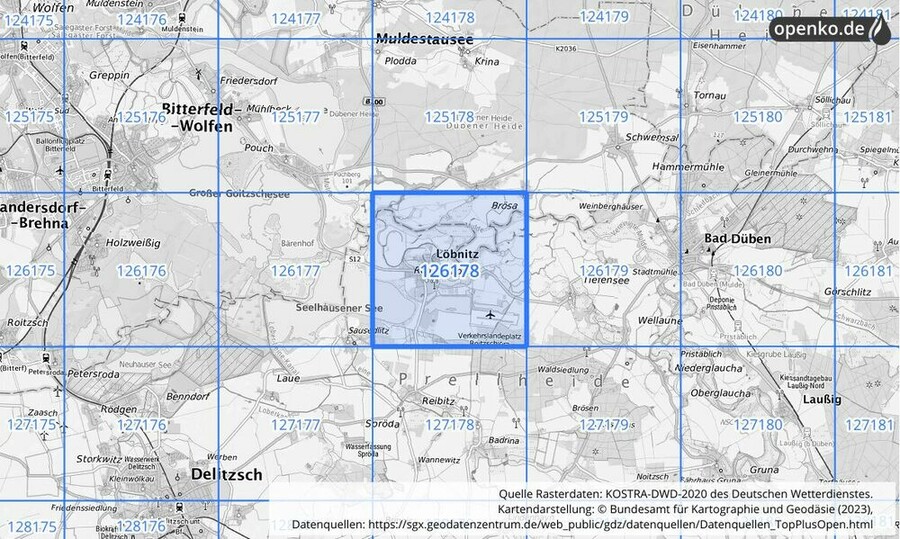 Übersichtskarte des KOSTRA-DWD-2020-Rasterfeldes Nr. 126178