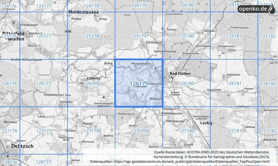 Übersichtskarte des KOSTRA-DWD-2020-Rasterfeldes Nr. 126179