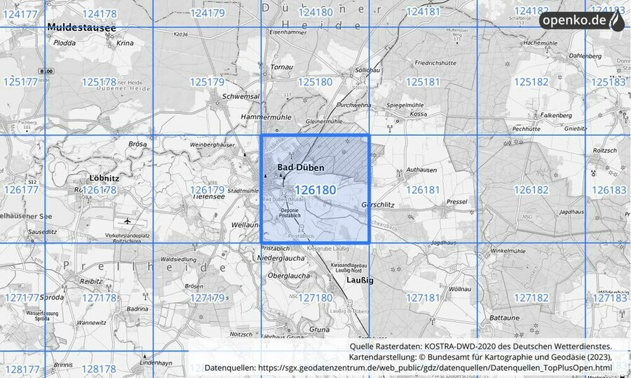 Übersichtskarte des KOSTRA-DWD-2020-Rasterfeldes Nr. 126180