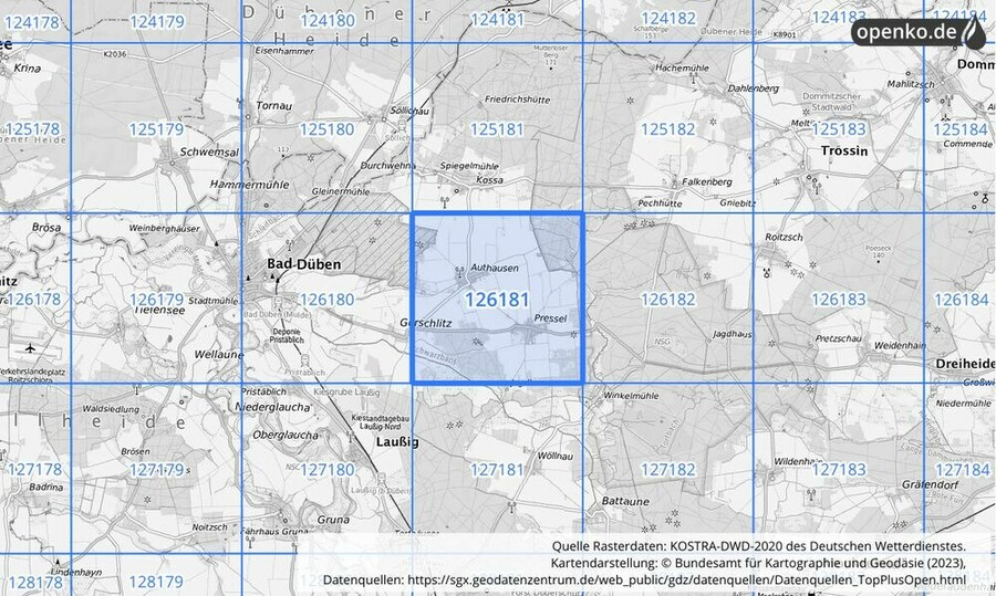 Übersichtskarte des KOSTRA-DWD-2020-Rasterfeldes Nr. 126181