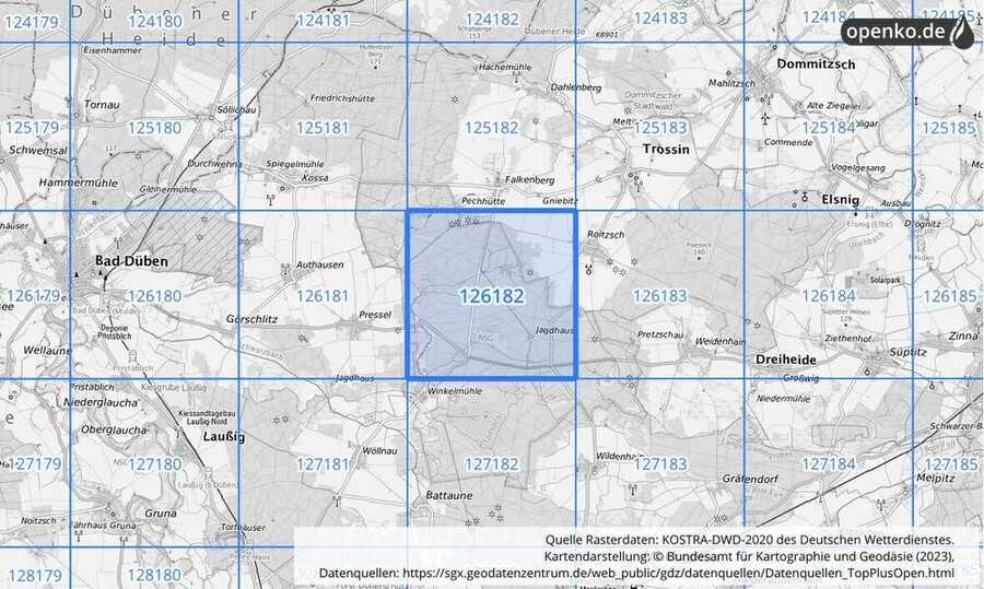 Übersichtskarte des KOSTRA-DWD-2020-Rasterfeldes Nr. 126182