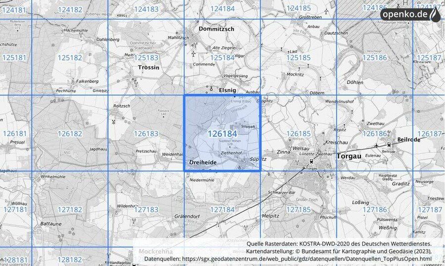 Übersichtskarte des KOSTRA-DWD-2020-Rasterfeldes Nr. 126184