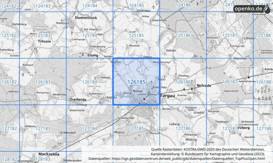 Übersichtskarte des KOSTRA-DWD-2020-Rasterfeldes Nr. 126185