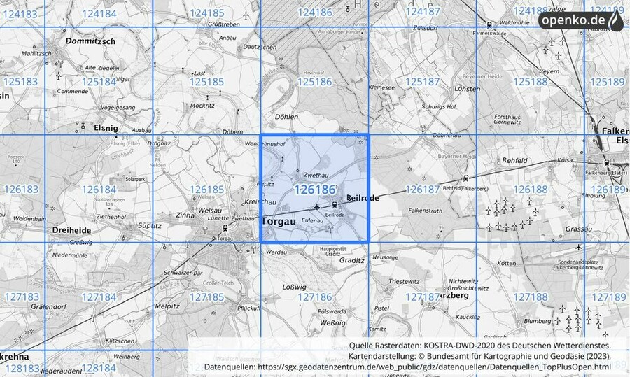 Übersichtskarte des KOSTRA-DWD-2020-Rasterfeldes Nr. 126186