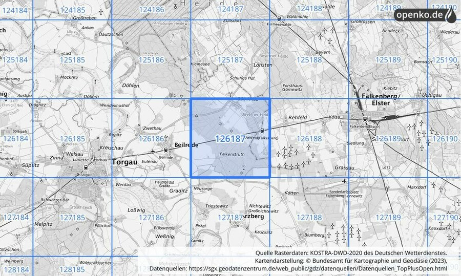 Übersichtskarte des KOSTRA-DWD-2020-Rasterfeldes Nr. 126187