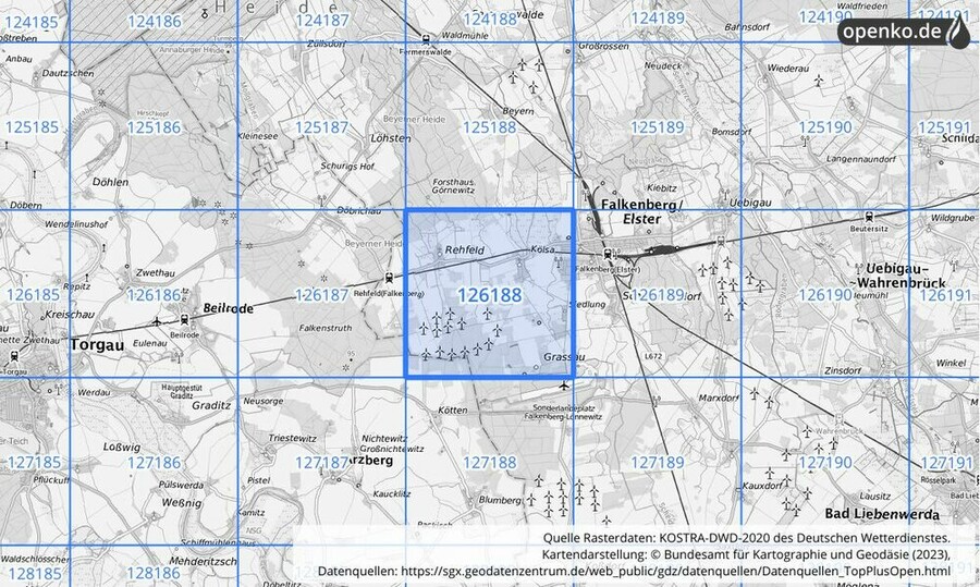 Übersichtskarte des KOSTRA-DWD-2020-Rasterfeldes Nr. 126188