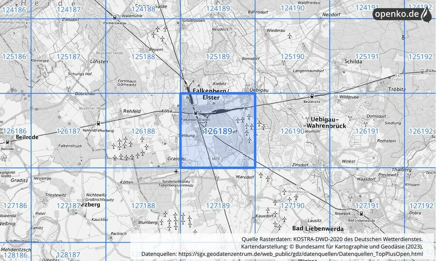 Übersichtskarte des KOSTRA-DWD-2020-Rasterfeldes Nr. 126189