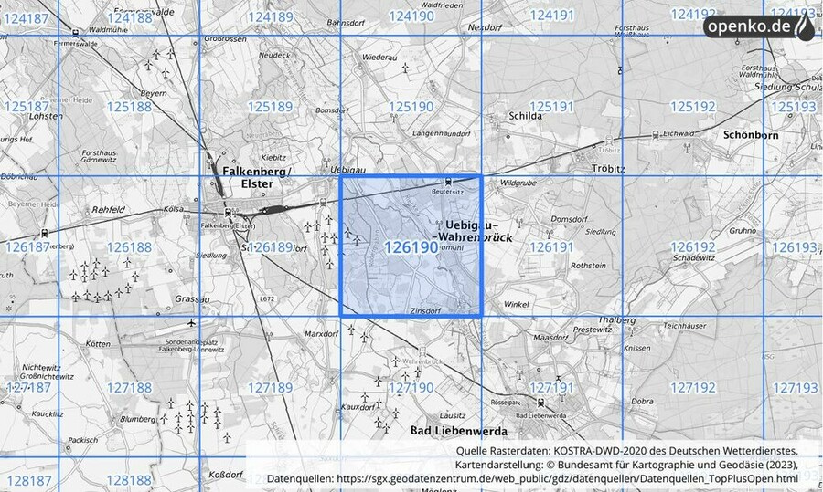 Übersichtskarte des KOSTRA-DWD-2020-Rasterfeldes Nr. 126190