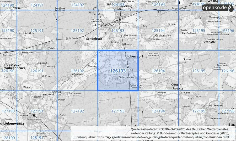 Übersichtskarte des KOSTRA-DWD-2020-Rasterfeldes Nr. 126193