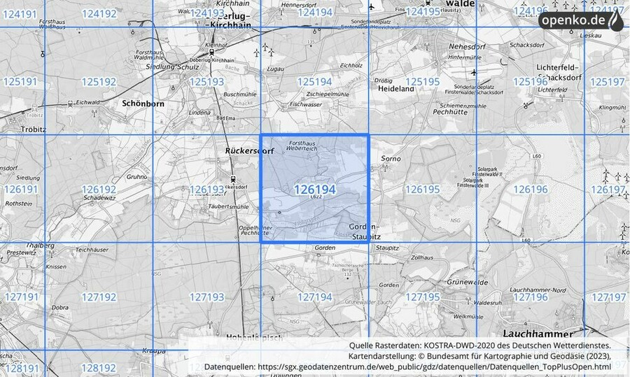 Übersichtskarte des KOSTRA-DWD-2020-Rasterfeldes Nr. 126194