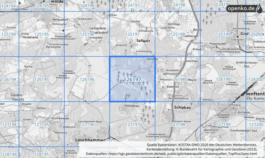 Übersichtskarte des KOSTRA-DWD-2020-Rasterfeldes Nr. 126197