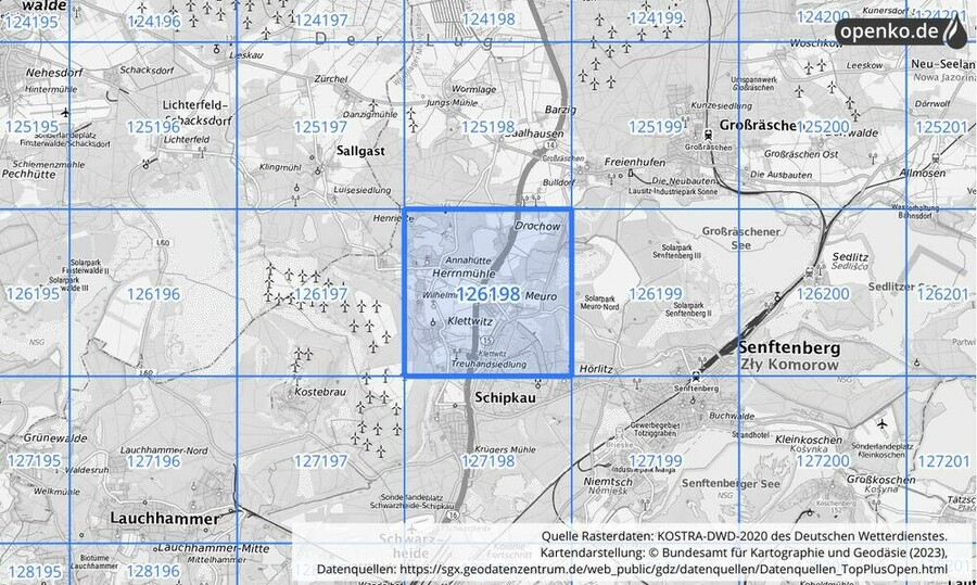 Übersichtskarte des KOSTRA-DWD-2020-Rasterfeldes Nr. 126198