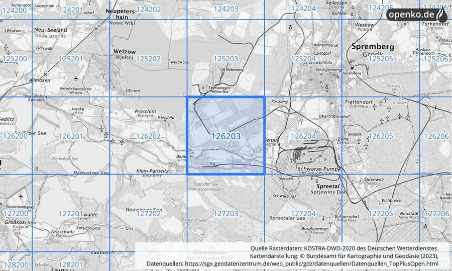 Übersichtskarte des KOSTRA-DWD-2020-Rasterfeldes Nr. 126203