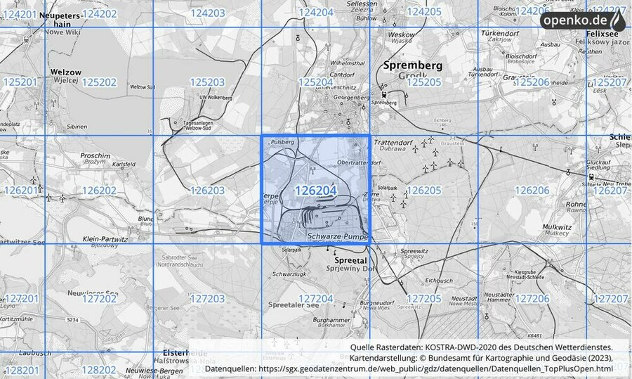 Übersichtskarte des KOSTRA-DWD-2020-Rasterfeldes Nr. 126204