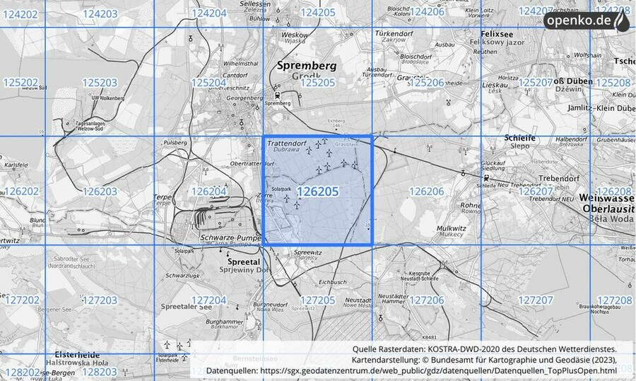 Übersichtskarte des KOSTRA-DWD-2020-Rasterfeldes Nr. 126205