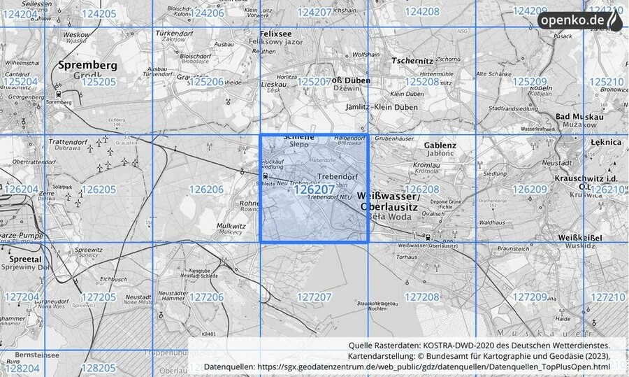 Übersichtskarte des KOSTRA-DWD-2020-Rasterfeldes Nr. 126207