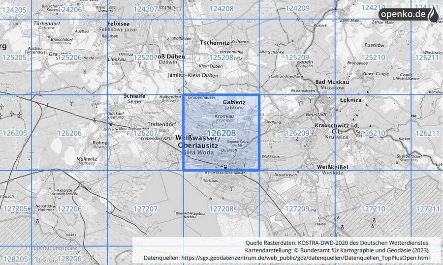 Übersichtskarte des KOSTRA-DWD-2020-Rasterfeldes Nr. 126208