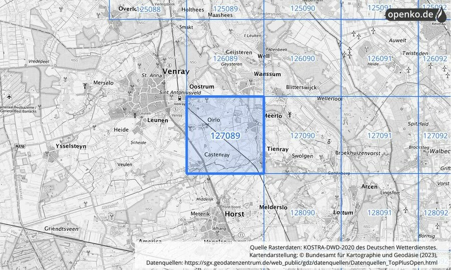 Übersichtskarte des KOSTRA-DWD-2020-Rasterfeldes Nr. 127089