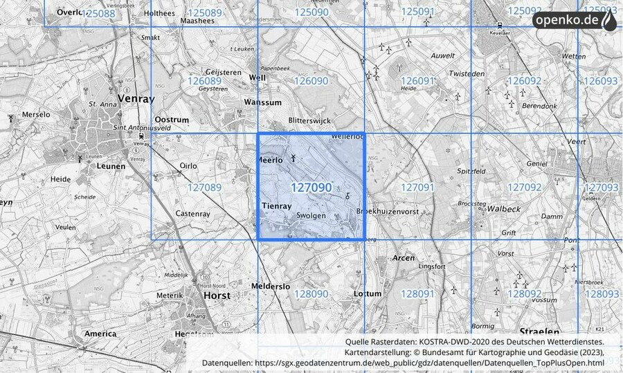 Übersichtskarte des KOSTRA-DWD-2020-Rasterfeldes Nr. 127090