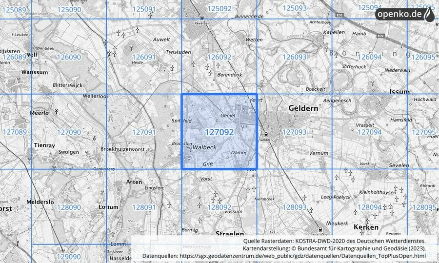 Übersichtskarte des KOSTRA-DWD-2020-Rasterfeldes Nr. 127092